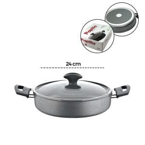 PAPİLLA FRED ( FLAT CASSEROLE ) ( 24 CM ) ( BASIK & KARNIYARIK & KISA ) ( GRANİT TENCERE ) ( CAM KAPAK ) ( GRİ KIRÇILLI ) ( BRKT-712265 )*6=K