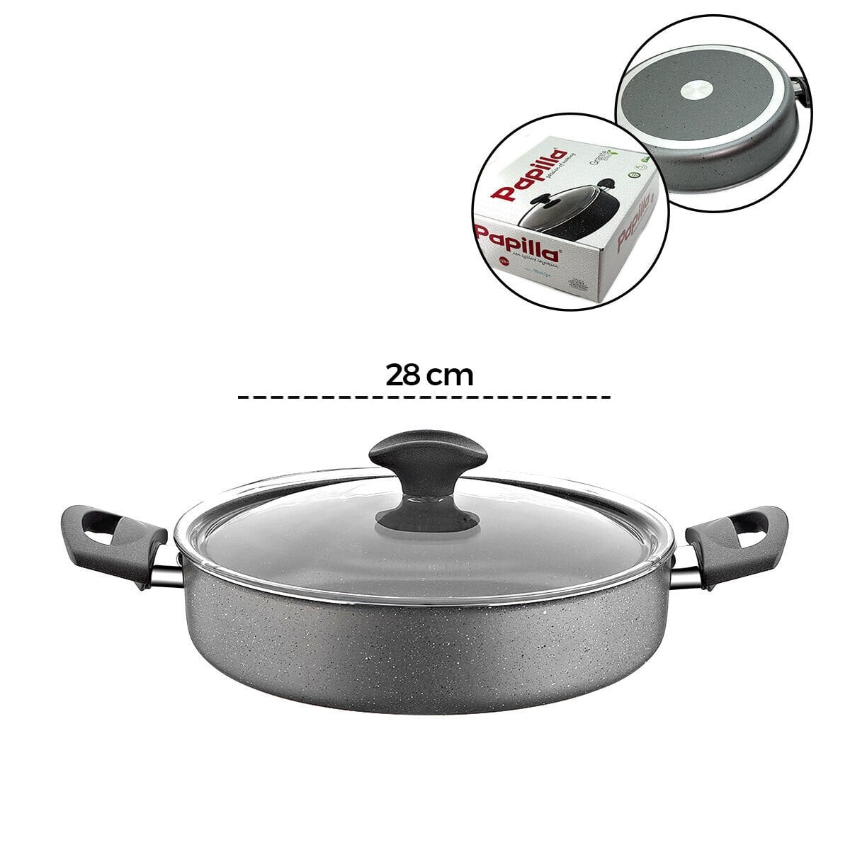 PAPİLLA FRED ( FLAT CASSEROLE ) ( 28 CM ) ( BASIK & KARNIYARIK & KISA ) ( GRANİT TENCERE ) ( CAM KAPAK ) ( GRİ KIRÇILLI ) ( BRKT-705687 )*6=K