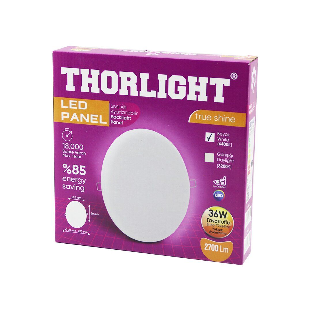 THORLIGHT S-236 (36W) (22CM) (BEYAZ) LED PANEL (SIVA ALTI AYARLI MANDALLI) (6400K & 2700LM & 18000 SAAT & 2835 SMD)*36
