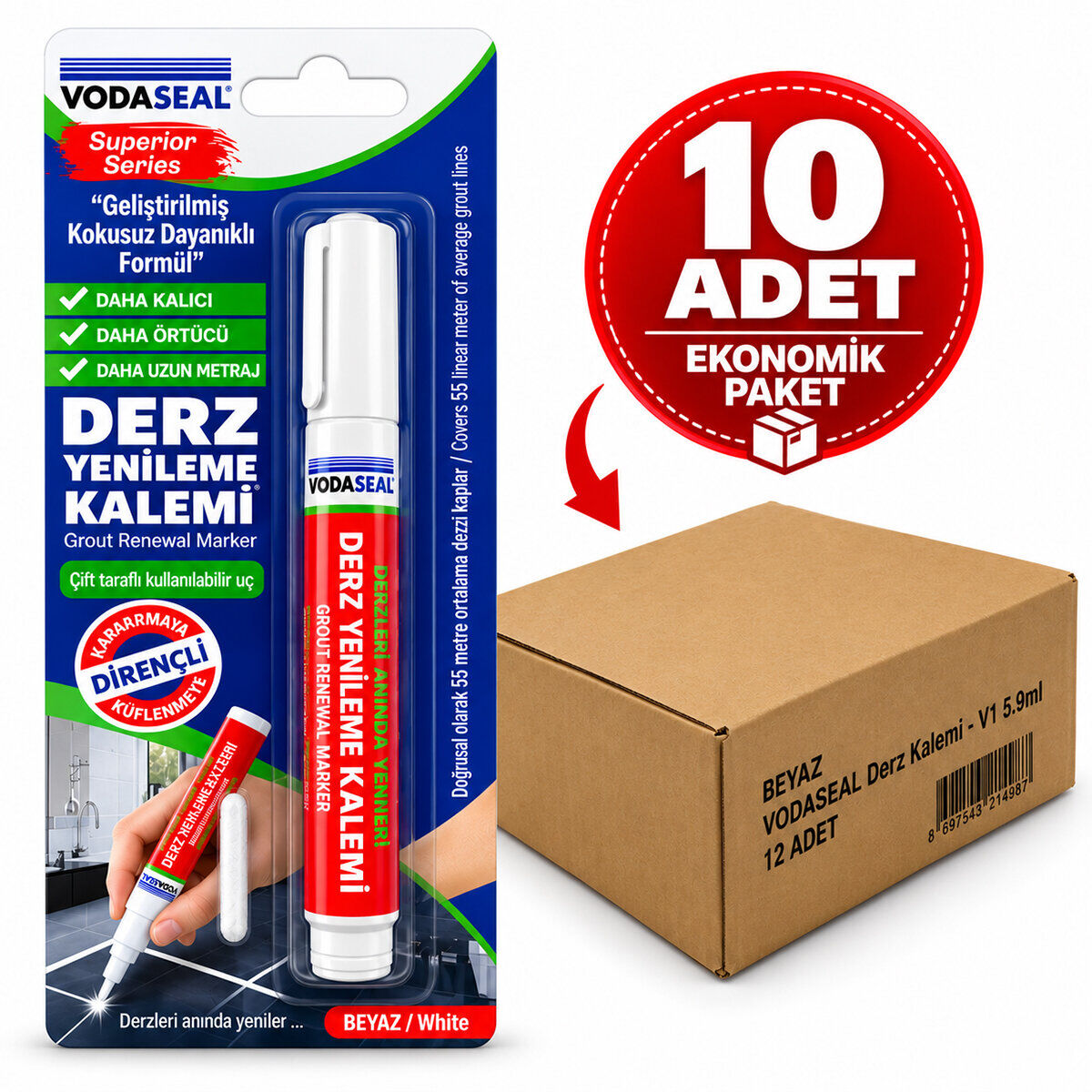 VODASEAL DRK-001 ( BEYAZ / SÜPER SERİ ) DERZ KALEMİ ( SU BAZLI & KOKUSUZ ) ( YEDEK UÇ )*10X12