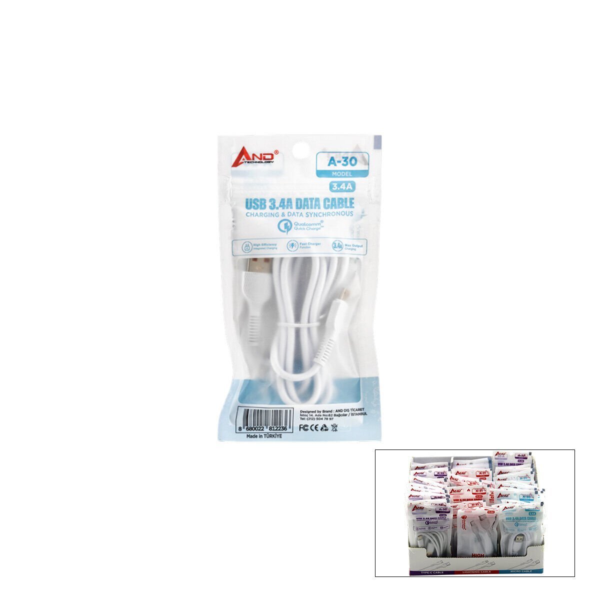 AND TECNOLOGY A30-31-32 ( MİCRO & USB & TYPE-C ) TELEFON ŞARJ & DATA KABLOSU MİX 3.4A*50X12