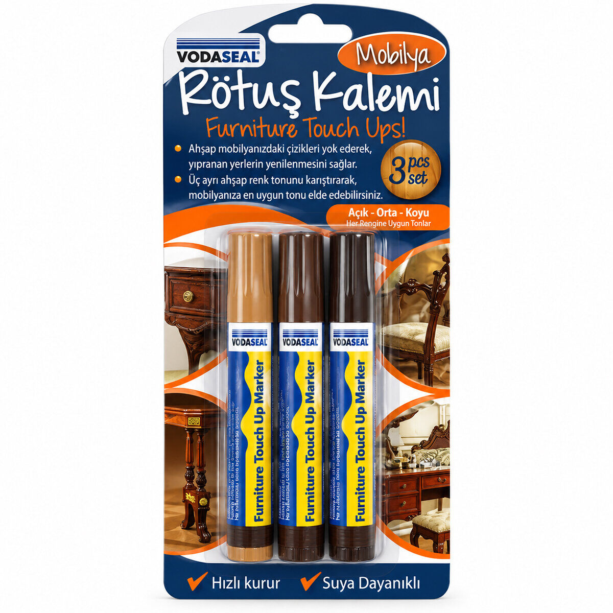 VODASEAL MRK-003 ( 3PCS ) MOBİLYA RÖTUŞ KALEM SET ( AÇIK - ORTA - KOYU K.RENGİ )*48