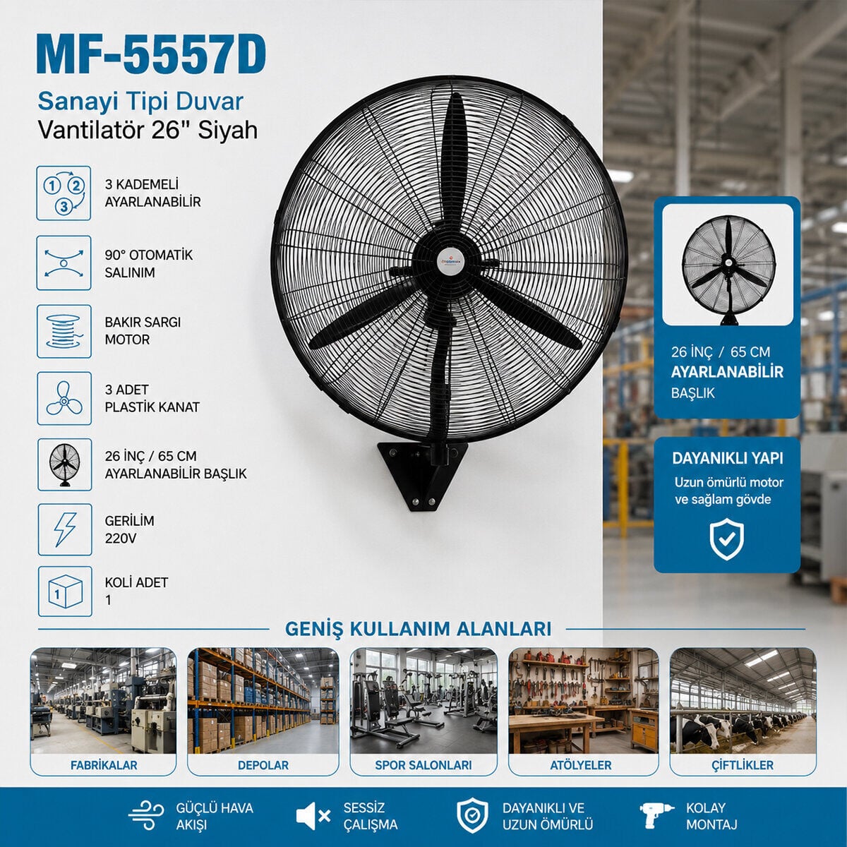 MF-5557D ( 26'') (SANAYİ TİPİ ) ( 67CM ) ( 3 METAL PERVANE ) ( 3 KADEMELİ & 220V ) DUVAR VANTİLATÖR & FAN*2=K