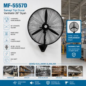 MF-5557D (SANAYİ TİPİ) ( 26İNC & 65CM AYARLANABİLİR BAŞLIK ) ( 3 KADEMELİ & 3 KANAT & 220V) DUVAR VANTİLATÖR*2=K