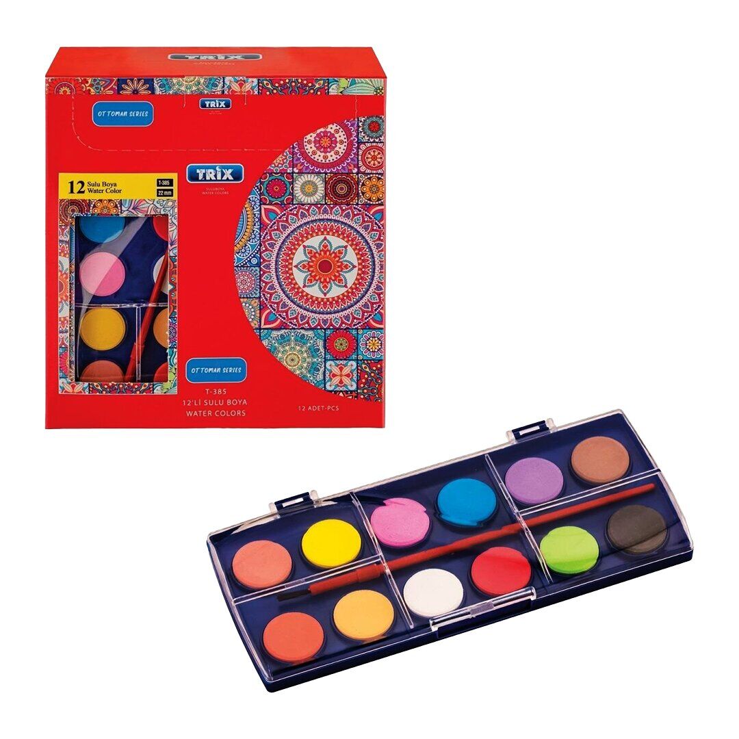 TRİX CLASS T-385 ( 12PCS = 12 RENK & +1 FIRÇA ) SULU BOYA KARE 22MM*12X12