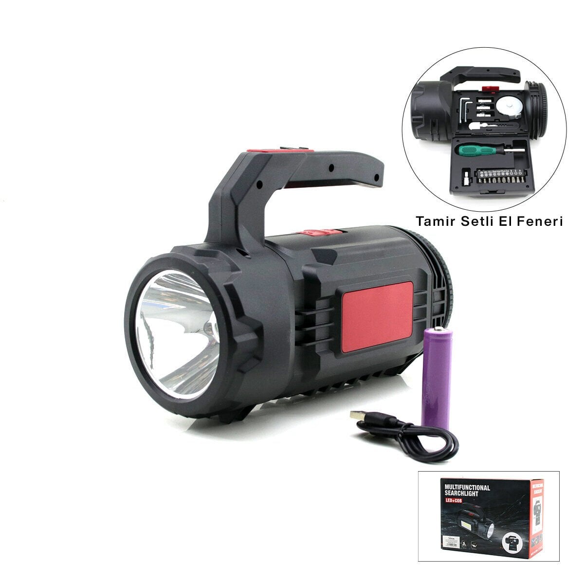 HASUBA HS-310 ( 2İN1 ) ( 19PCS = TAMİR & HIRDAVAT SETİ ) EL FENER & PROJEKTÖR ( LED + COB )( USB & TYPE-C & PİL ŞARJLI ) *20