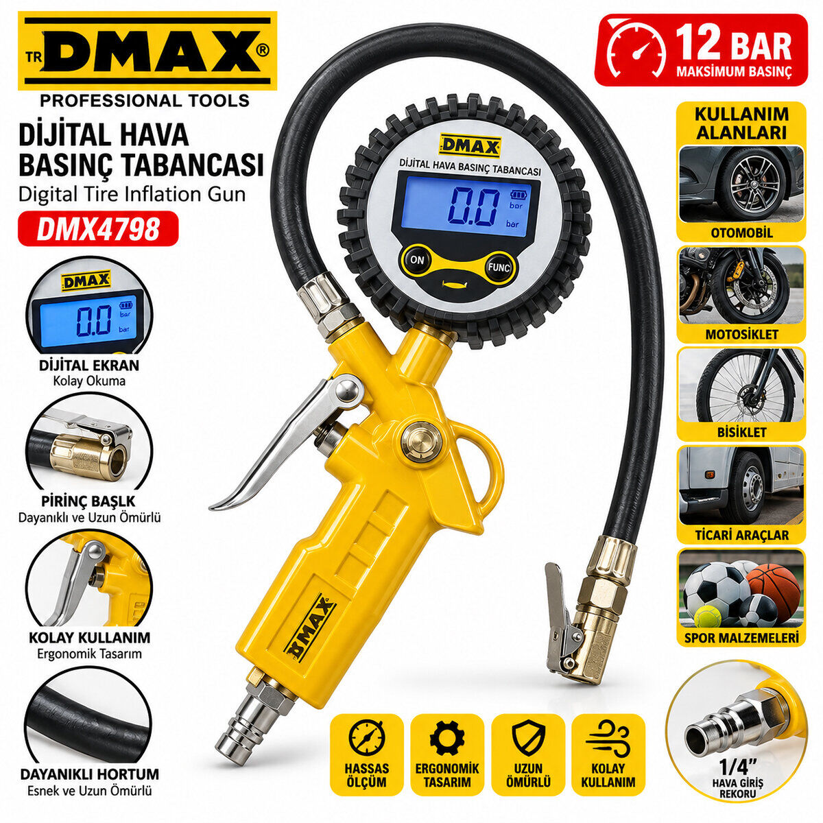 DMAX DMX-4798 ( DİJİTAL ) HAVA ÖLÇME & LASTİK ŞİŞİRME TABANCASI ( 12 BAR BASINÇLI & 1/4 REKOR )*50