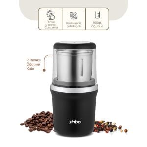 SİNBO SCM-2997 (KROM KENAR) KAHVE & BAHARAT ÖĞÜTÜCÜ (ÇELİK BIÇAK & Ö.HAZNESİ=100GR) (200W) (BAS ÇALIŞTIR KAPAK=MİKA PLS)*6