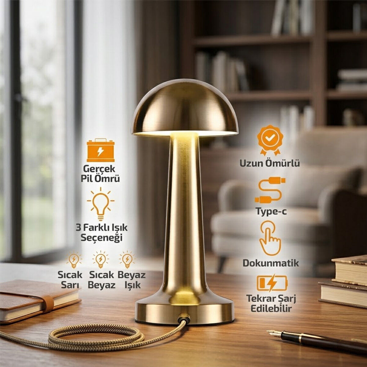 NOAS ATİNA YL86-1231 ( OVAL & METAL ) MANTAR MASA LAMBASI ( DOKUNMATİK & RENKLİ ) ( TYPE-C ŞARJLI ) ( 3 FONKSİYONLU )*20