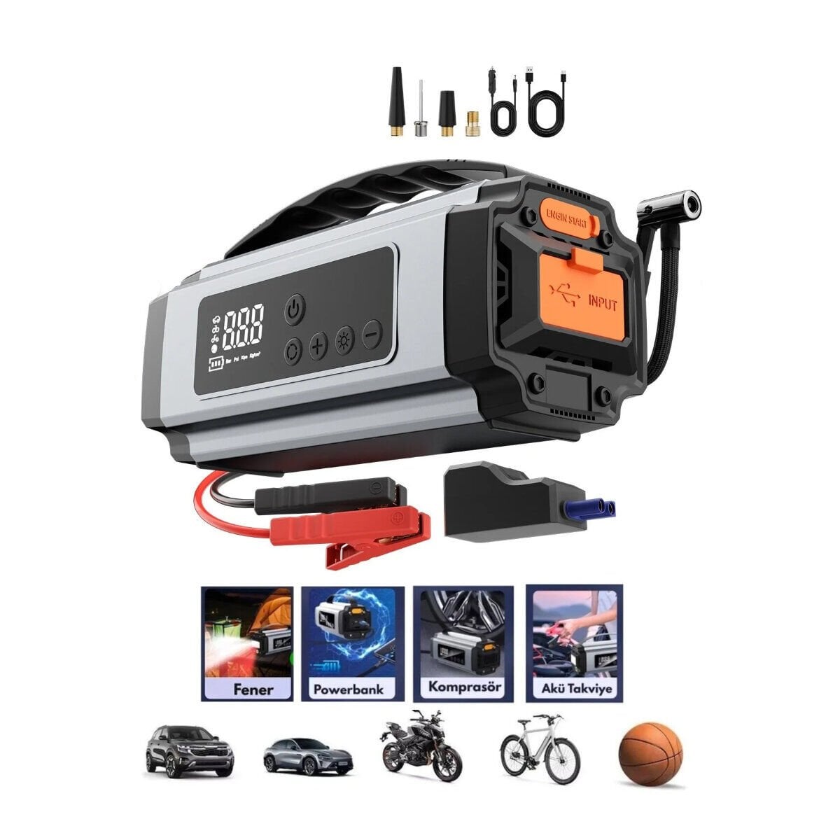 YAGE YG-898 ÇOK FONKSİYONLU OTO & ARAÇ TAKVİYE SET TAŞINABİLİR 120W ( DİJİTAL EKRAN ) ( POWERBANK ÖZELLİK & FENER & COB & PUSULA )*16