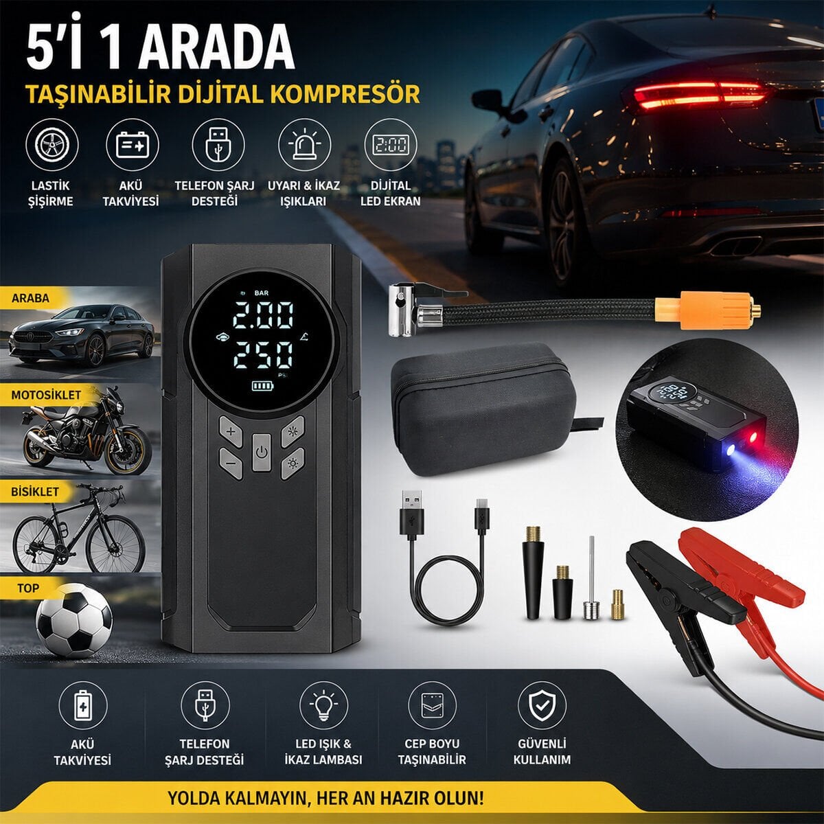 YAGE KA-841 ( 4IN1 ) AKÜ TAKVİYELİ KOMPRESÖRLÜ HAVA POMPASI ( DİJİTAL EKRAN ) ( 12V ) ( AKÜ TAKVİYE & LASTİK ŞİŞİRME & POWERBANK & FENER )*20
