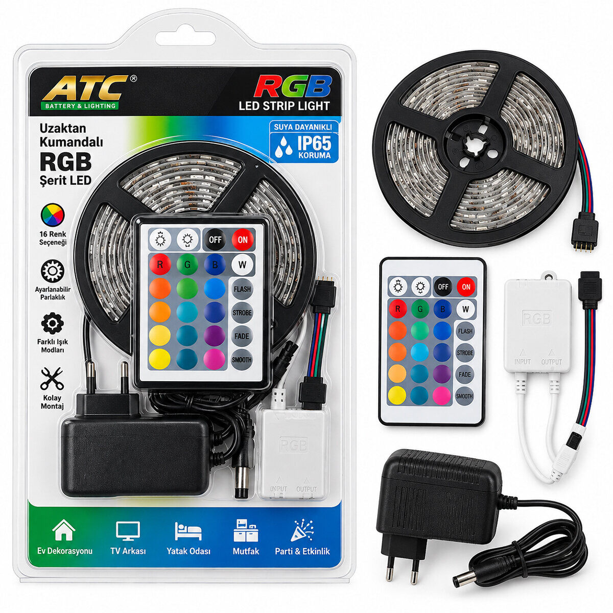 ATC ( 5MT ) (KUMANDALI & ADAPTÖRLÜ) (RGB RENKLİ) ŞERİT LED (IP65=SU GEÇİRMEZ) (SMD=2835) (54LEDs/m)*40
