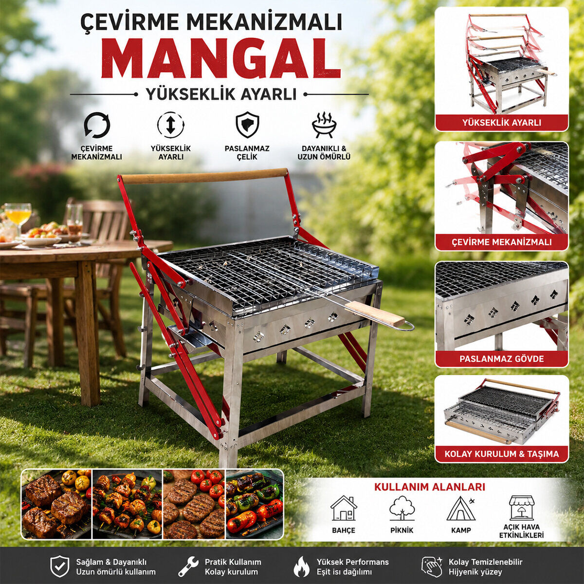 İKSA ( DÖNDÜRMELİ & ÇEVİRMELİ ) ( PASLANMAZ ) MEKANİZMALI MANGAL*1