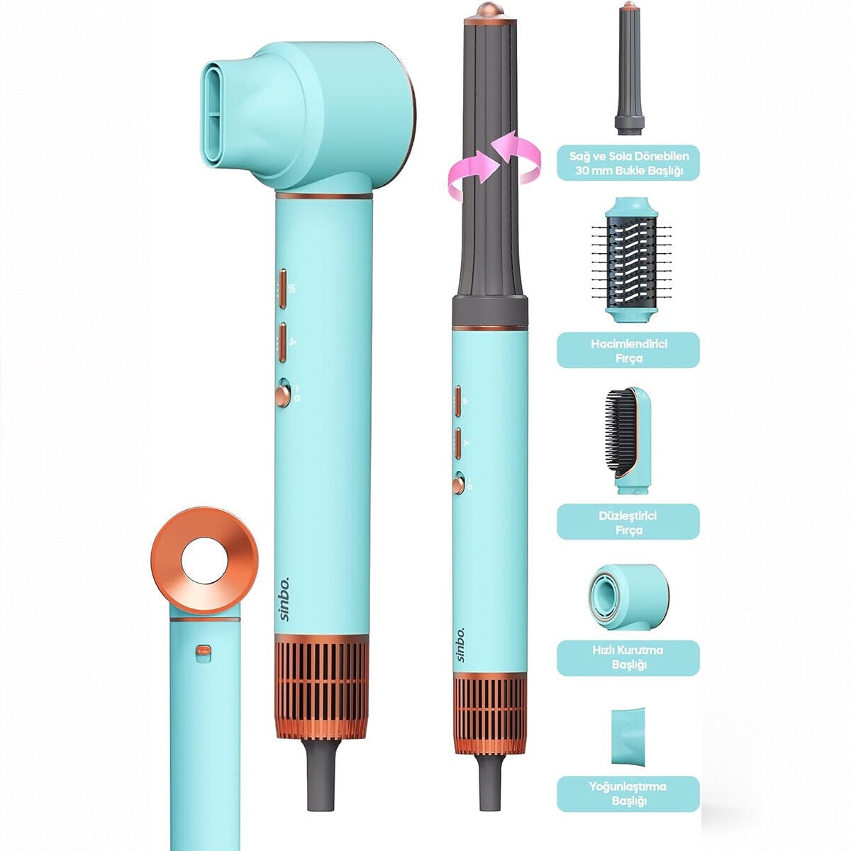 SİNBO SHD-1729 ( MAVİ ) AİR BRUSH (5İN1=BUKLE-HACİMLE-DÜZLEŞTİR-2-FIRÇA) SAÇ KURUTMA & ŞEKİL MAKİNESİ (1300W)(3-KDM.HIZ SICAKLIK)*4