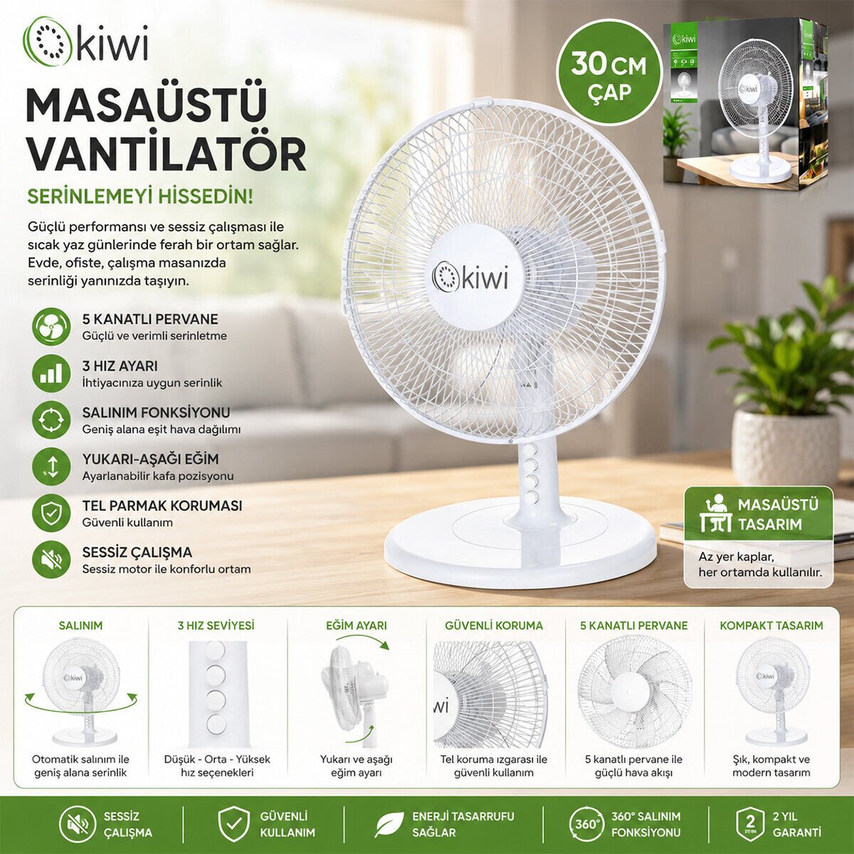 KİWİ 7625 ( 12'' İNÇ ) MASA ÜSTÜ VANTİLATÖR ( 35W ) ( 5 KANAT & 3 KADEME HIZ & ÇAP: 30CM ) FAN*3=K