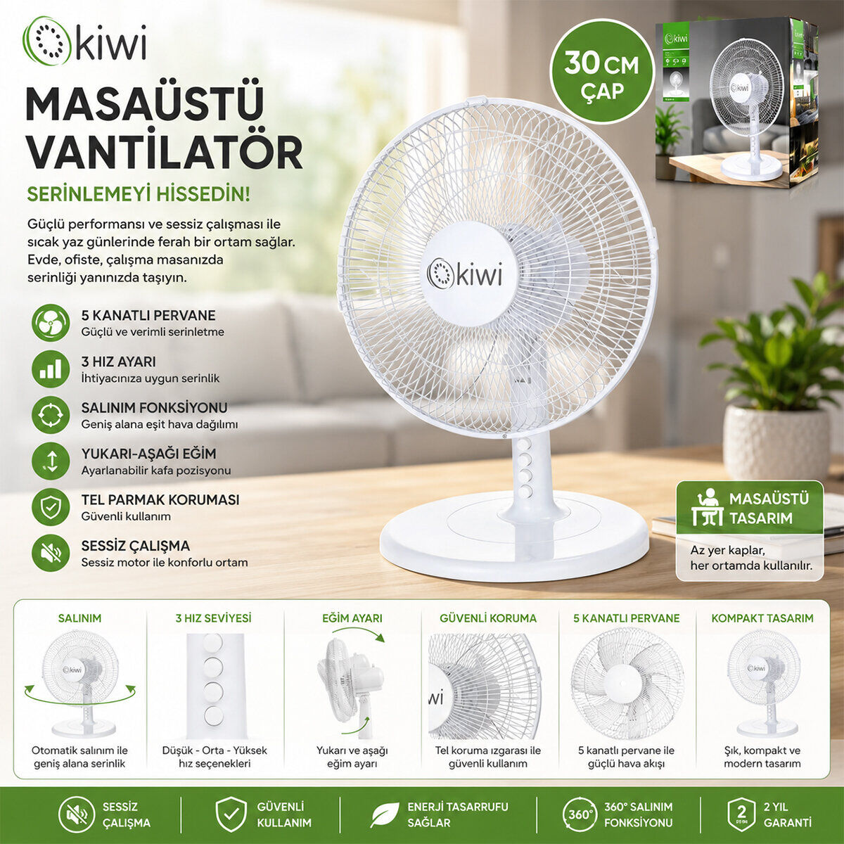 KİWİ 7625 ( 12'' İNÇ ) MASA ÜSTÜ VANTİLATÖR ( 35W ) ( 5 KANAT & 3 KADEME HIZ & ÇAP: 30CM ) FAN*3=K
