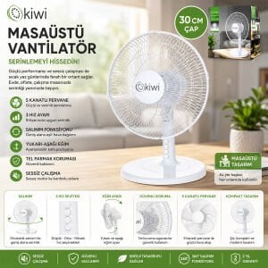 KİWİ 7625 ( 12'' İNÇ ) MASA ÜSTÜ VANTİLATÖR ( 35W ) ( 5 KANAT & 3 KADEME HIZ & ÇAP: 30CM ) FAN*3=K