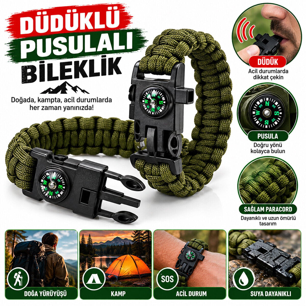 MAKAMP-050 ( PARACORD İP ) ( ATEŞ BAŞLATMA ÇUBUK ) BİLEKLİK ( DÜDÜKLÜ & PUSULALI )*20X25