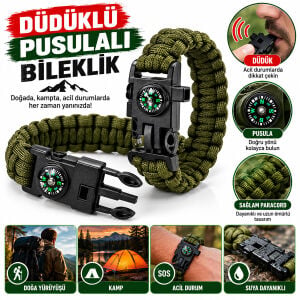 MAKAMP-050 ( PARACORD İP ) ( ATEŞ BAŞLATMA ÇUBUK ) BİLEKLİK ( DÜDÜKLÜ & PUSULALI )*20X25