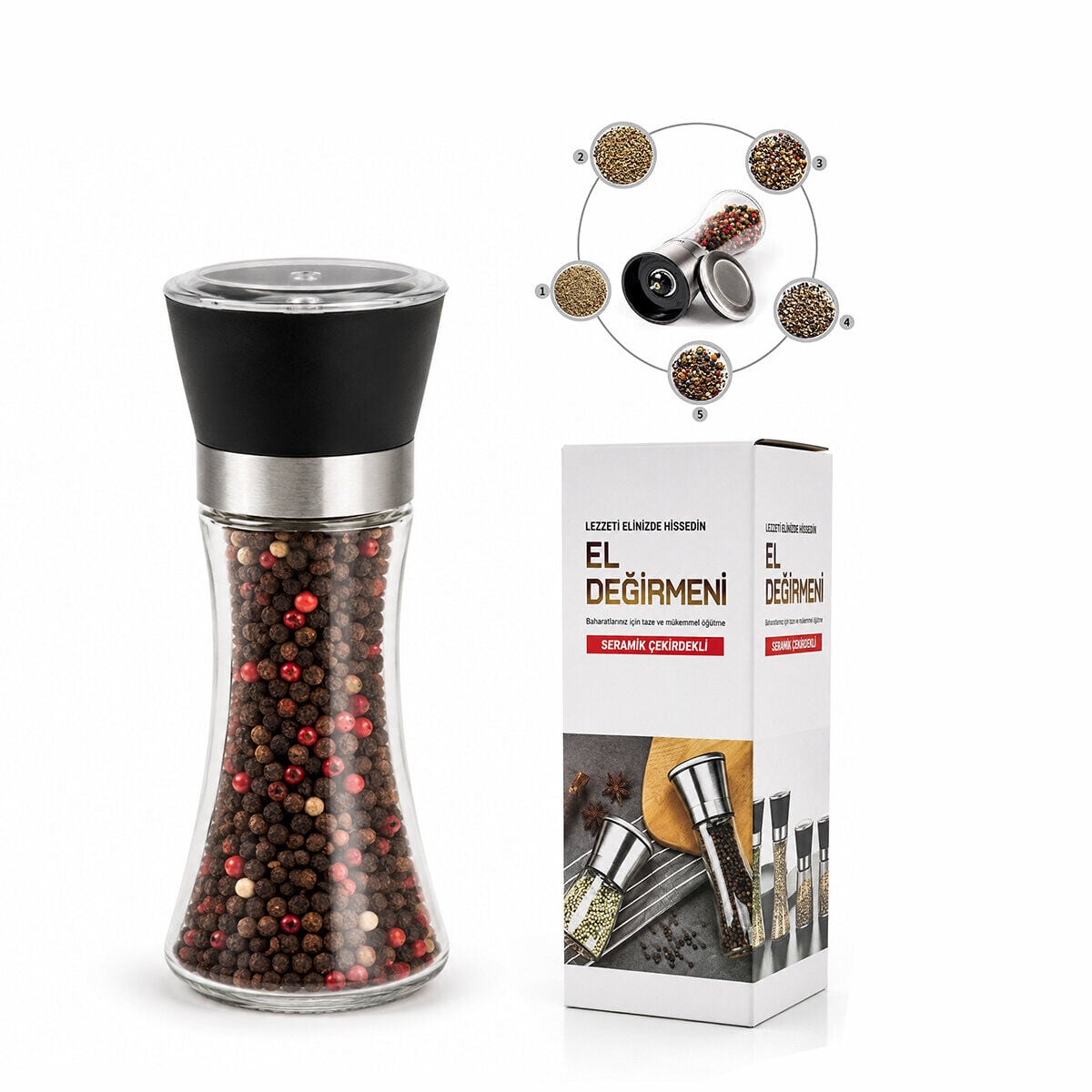 İBİCO İ22-409 HAND GRINDER ( BÜYÜK ) ( CAM HAZNELİ & PLS.KAPAKLI & KROM BELLİ ) TUZ & BAHARAT ÖĞÜTÜCÜ*80