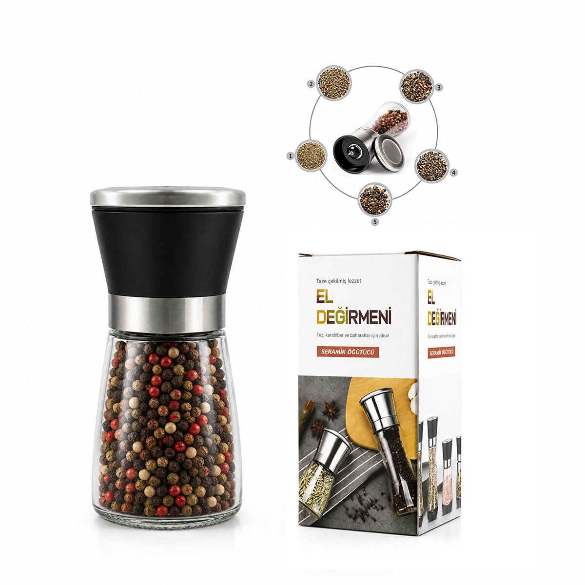 İBİCO İ22-410 HAND GRINDER ( KÜÇÜK ) ( CAM HAZNELİ & PLS.KAPAKLI & KROM BELLİ ) TUZ & BAHARAT ÖĞÜTÜCÜ*80