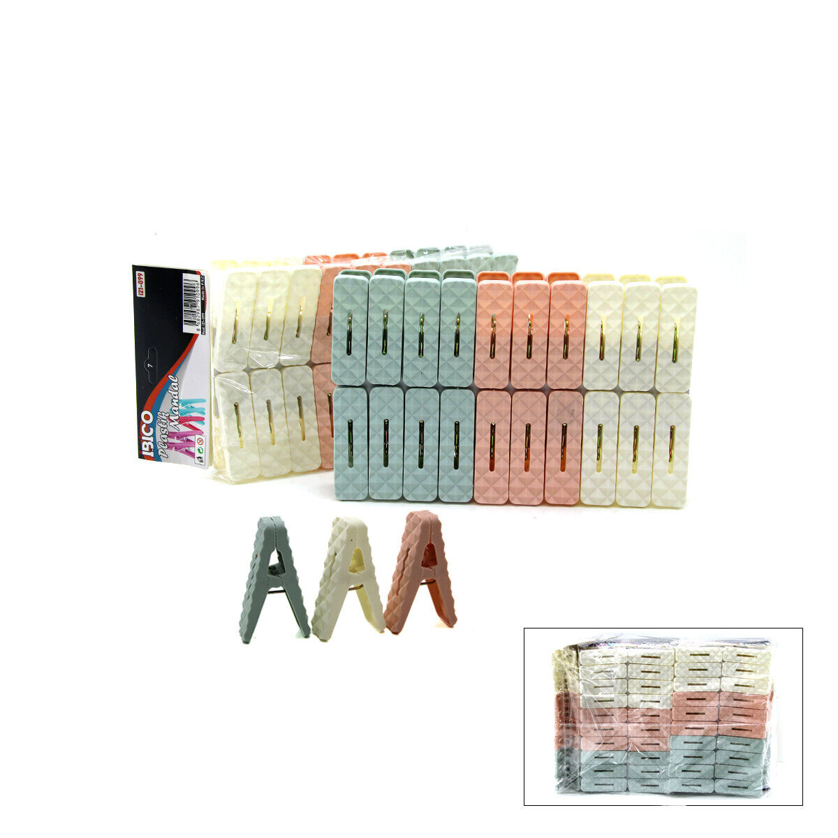 İBİCO İ21-099 ( 20PCS ) ( PRİZMA DESEN ) ÇAMAŞIR MANDALI ( RENKLİ PLASTİK & KABARTMA DESENLİ )*12X10