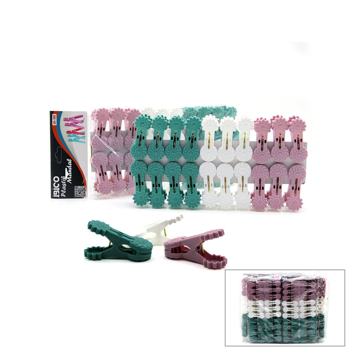 İBİCO İ21-100 ( 20PCS ) ( ÇİÇEK MODEL ) ÇAMAŞIR MANDALI ( RENKLİ PLASTİK & KABARTMA DESENLİ )*12X10
