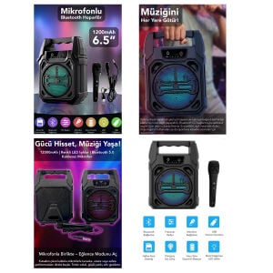 FANTASTİC QUALITY Q-MAX PS-1283 ( 6.5'' ) BLUETOOTH WİRELESS MİKROFONLU HOPARLÖR & SPEAKER ( USB SARJLI ) ( AUX & TF & USB)*18