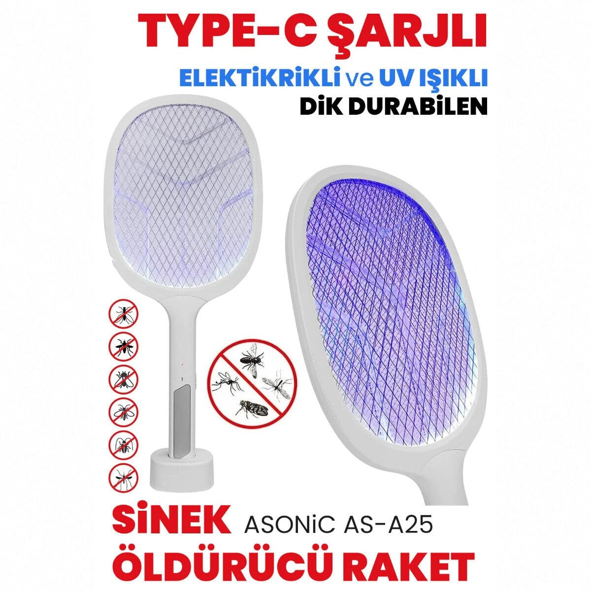 ASONİC AS-A25 ( BEYAZ/GRİ ) ( TYPE-C ŞARJLI ) ( RAKET MODELİ ) ELEKTRONİK SİNEK ÖLDÜRÜCÜ CIZ MAKİNE*40