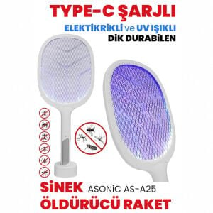 ASONİC AS-A25 ( BEYAZ/GRİ ) ( TYPE-C ŞARJLI ) ( RAKET MODELİ ) ELEKTRONİK SİNEK ÖLDÜRÜCÜ CIZ MAKİNE*40
