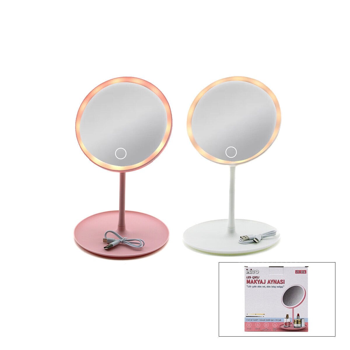 İBİCO İ11-016 ( YUVARLAK ) ( 6.5'' ) ( LEDLİ & USB ŞARJLI ) MAKYAJ AYNASI ( 90° AÇI AYARLI ) ( TAKILI AYAK ) ( RENKLİ PLS )*60