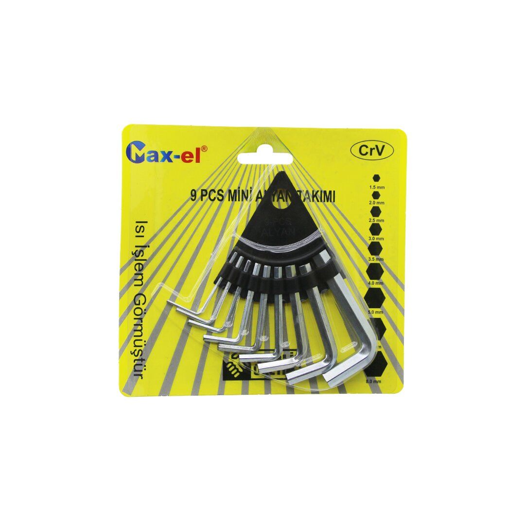 MAX-EL ( 9PCS ) ( MİNİ & KISA ) ALYAN ANAHTAR SETİ TAKIM ( CrV ) ( NO-1.5 - 2 - 2.5 - 3 - 3.5 - 4 - 5 - 6 - 8 ) (ÜÇGEN STAND ASKILIK)*24X8