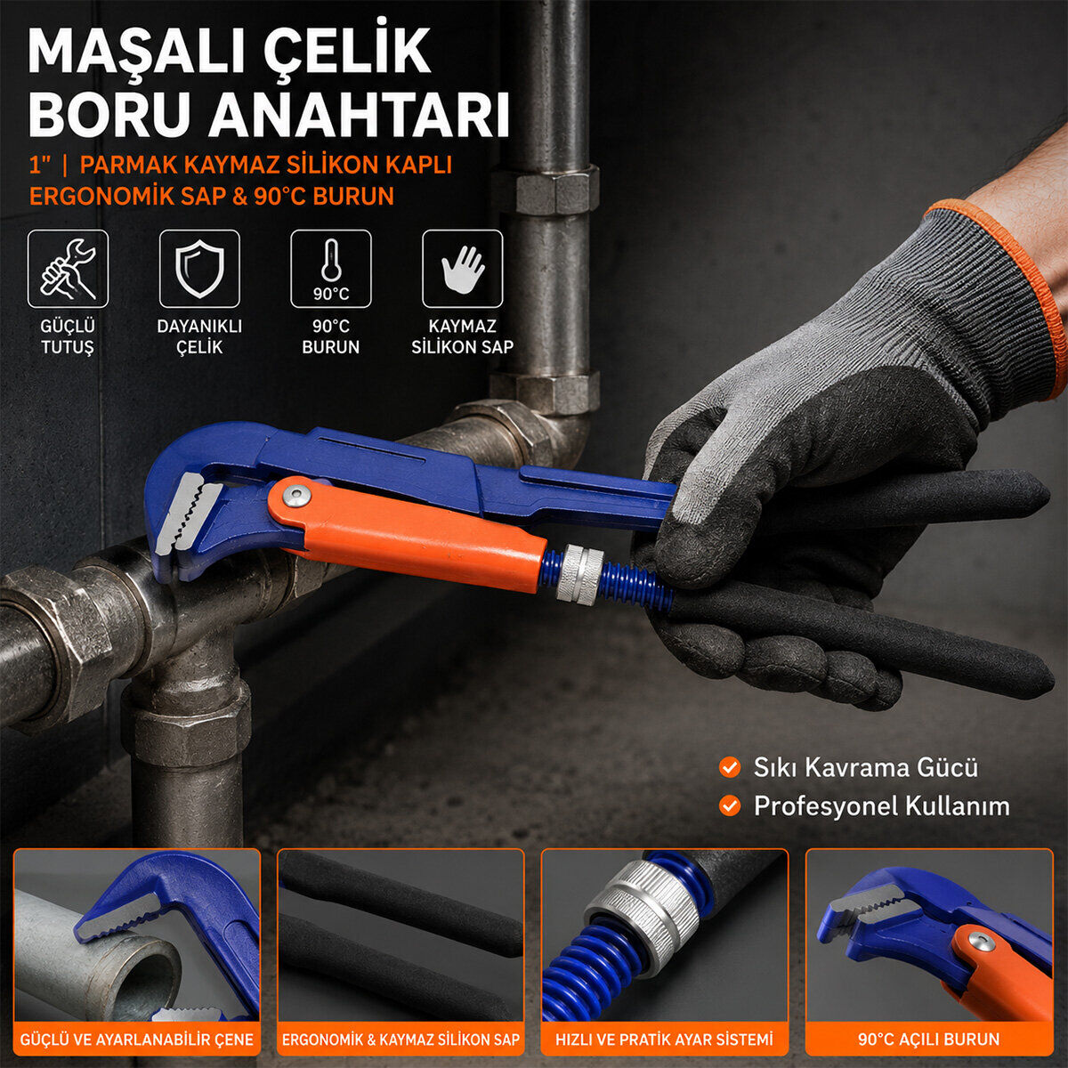 HCS PROLINE CR-V ( 1'' PARMAK ) MAŞALI ÇELİK BORU ANAHTARI ( SİLİKON KAPLI ERGONOMİK SAP & 90°C BURUN )*48