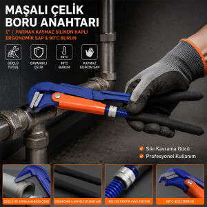 HCS PROLINE CR-V ( 1'' PARMAK ) MAŞALI ÇELİK BORU ANAHTARI ( SİLİKON KAPLI ERGONOMİK SAP & 90°C BURUN )*48