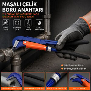 HCS PROLINE CR-V ( 1'' PARMAK ) MAŞALI ÇELİK BORU ANAHTARI ( SİLİKON KAPLI ERGONOMİK SAP & 90°C BURUN )*48