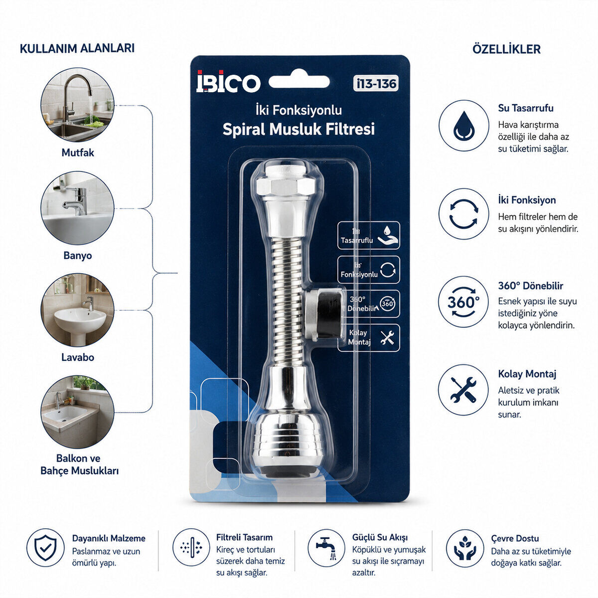 İBİCO İ13-136 MUSLUK UCU FİLTRESİ ( 2 FONKSİYONLU ) ( SPİRALLİ YAYLI &  360° DERECE DÖNEBİLEN BAŞLIK ) ( 16-19MM CAŞLIK ÇAPI )*12X25