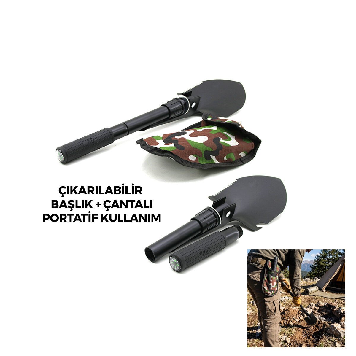 MAKAMP-051 ( 2IN1 ) KAZMA & KÜREK ( KATLANIR & VİDALI PORTATİF SAP ) PUSULALI*1