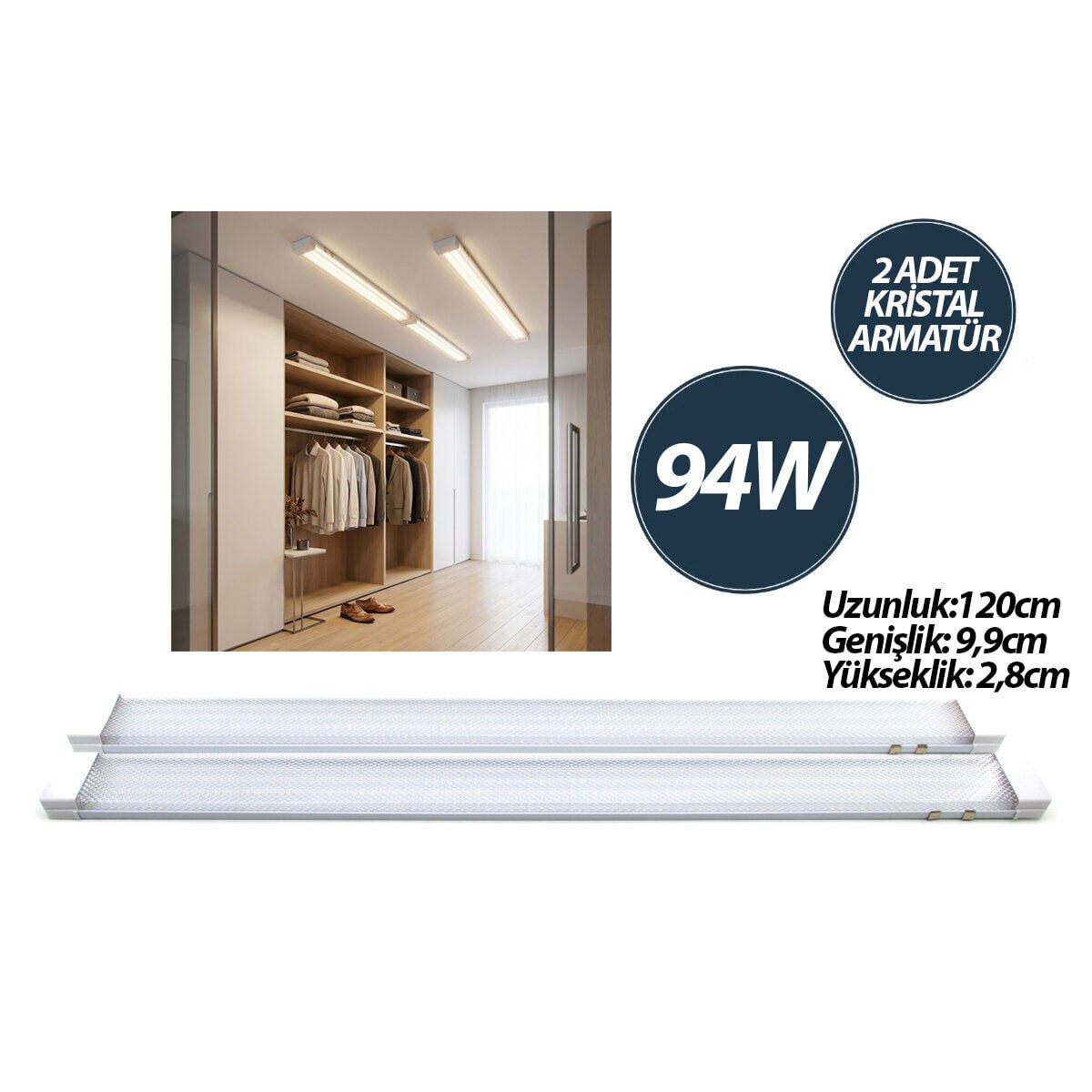 NİSALUCE EAMP-093/1B ( 2 PCS ) ( 94W ) ( 120CM ) KRİSTAL LED BANT ARMATÜR (BEYAZ=6500K) (ALÜMİNYUM KAPAK) (IP20 & Y BAĞLANTI) ( BANDI )*18