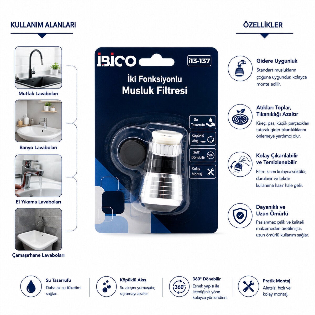İBİCO İ13-137 MUSLUK UCU FİLTRESİ ( 2 FONKSİYONLU ) ( 360° DERECE DÖNEBİLEN BAŞLIK ) ( 16-19MM CAŞLIK ÇAPI )*12X25