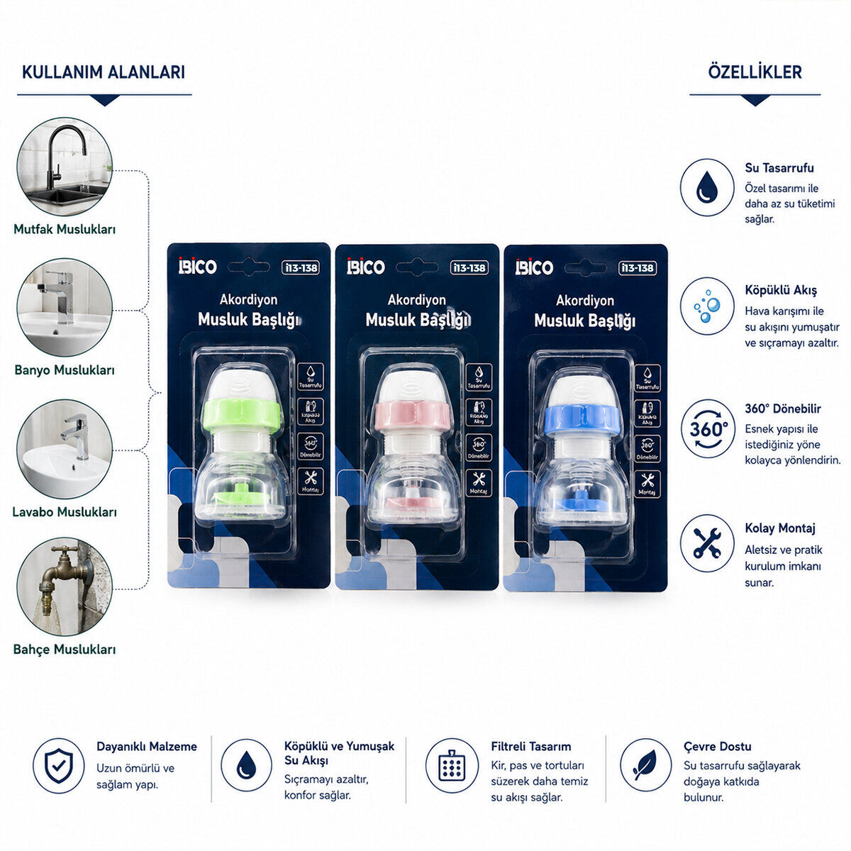 İBİCO İ13-138 MUSLUK UCU FİLTRESİ ( AKORDİYON & PERVANELİ ) ( 360° ) ( 16-19MM TÜM MUSLUKLARA UYUM ) ( KİREÇLENME YAPMAZ )*12X25