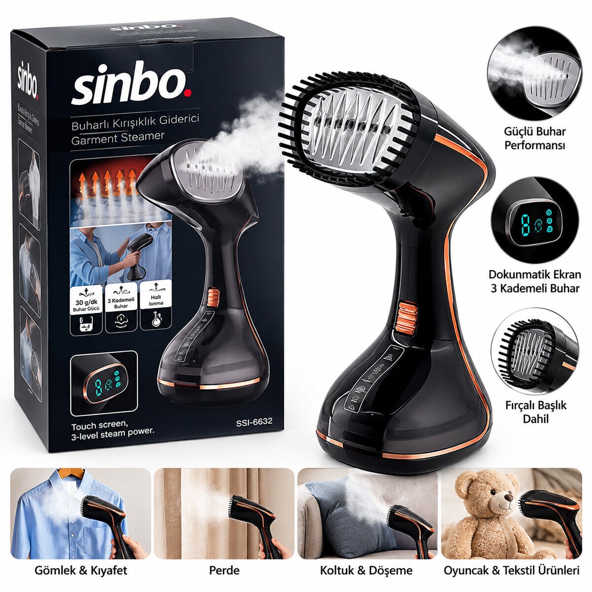 SİNBO SSI-6632 ( 320ML SU KAPASİTE & DAKİKADA 26G BUHAR ) BUHARLI KIRIŞIKLIK GİDERİCİ ( 1500W )*16