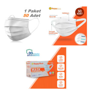 HAPPY MASK  SAYMASK ( BEYAZ ) ( 50PCS ) MEDİKAL CERRAHİ YÜZ MASKESİ ( 3 KATLI ) ( TEK KULLANIMLIK )*1X48