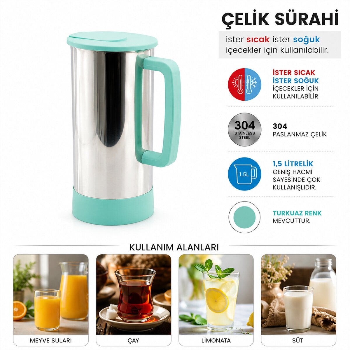 KRT-1138 ( TURKUAZ & PASLANMAZ ÇELİK ) ( SICAK & SOĞUK ) ÇELİK SÜRAHİ*24