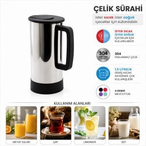 KRT-1139 ( GRİ & PASLANMAZ ÇELİK ) ( SICAK & SOĞUK ) ÇELİK SÜRAHİ*24