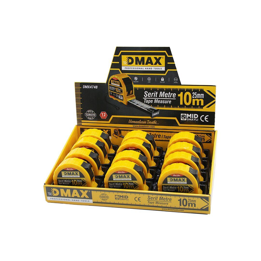 DMAX DMX-4748 ( 10MT X 25MM ) ÇELİK ŞERİT METRE ( STOPLU ) ( OTOMATİK KİLİT= BAS DURDUR & ÇEK SARSIN )*12X4