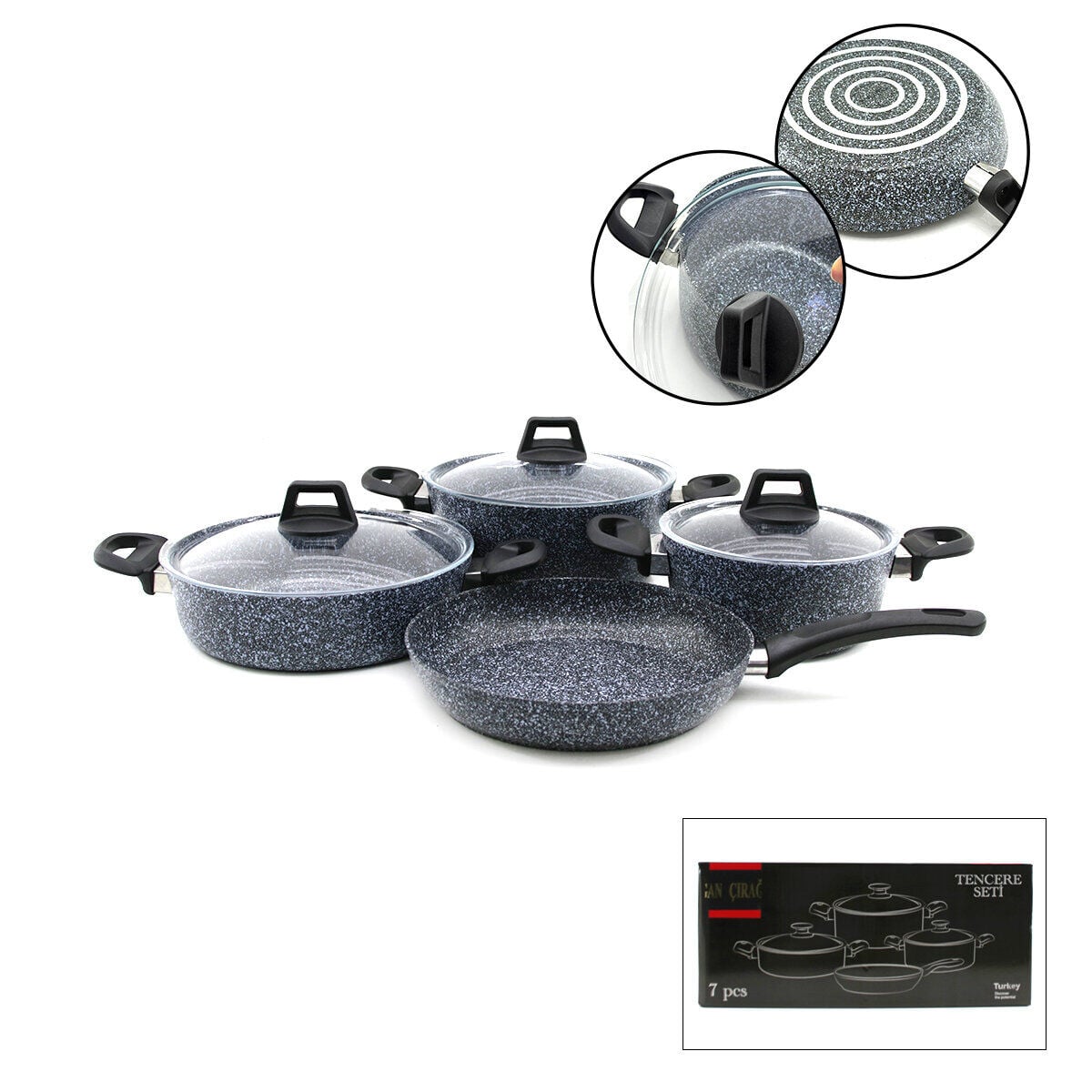 GAB ÇIRAĞAN ( GRİ ) ( 7 PARÇA ) GRANİT TENCERE & TAVA SETİ ( 20-24CM DERİN & 27CM BASIK CAM KAPAK TENCERE & 26CM TAVA)*1