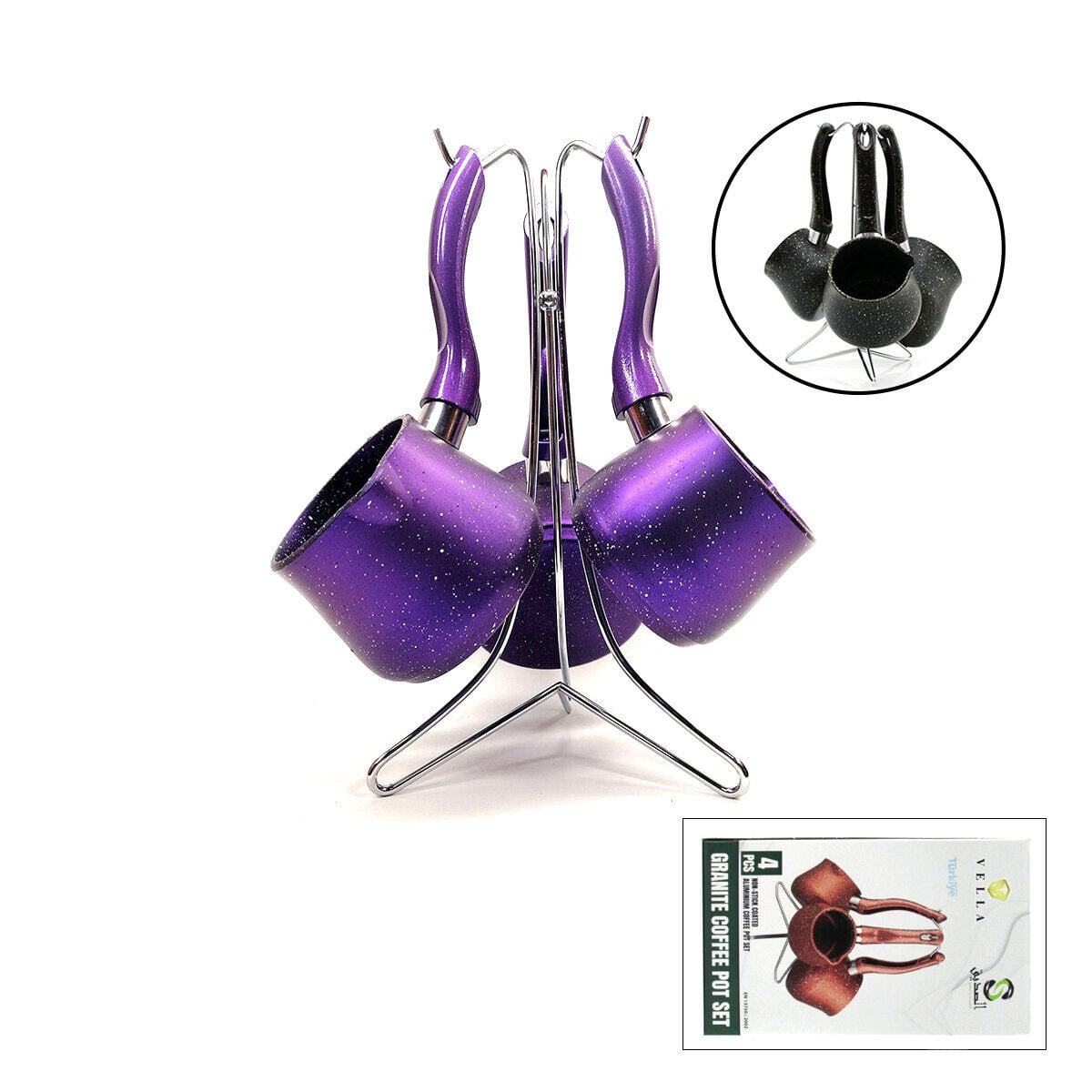 VELLA EN 13750/2002 ( 4PCS ) ( 230-280-380ML ) GRANİT & ÇELİK CEZVE RENKLİ ( METAL STANDLI )*8