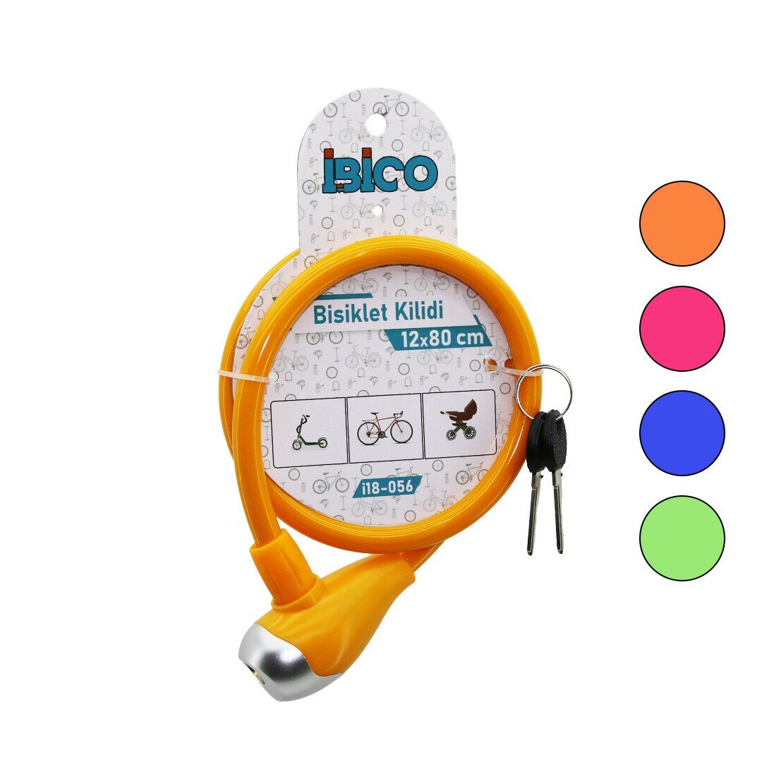 İBİCO İ18-056 ( ANAHTARLI ) ( METAL UÇLU PLASTİK KAFA ) BİSİKLET KİLİT ( ÇELİK TEL ) ( RENKLİ KILIF ) ( 12MMX80CM )*120