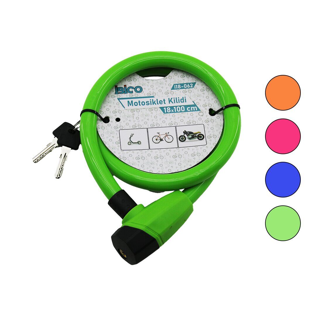 İBİCO İ18-062 ( ANAHTARLI ) ( KALIN ) MOTOR & BİSİKLET KİLİT ( ÇELİK TEL ) ( RENKLİ KILIF ) ( 18MMX100CM )*60
