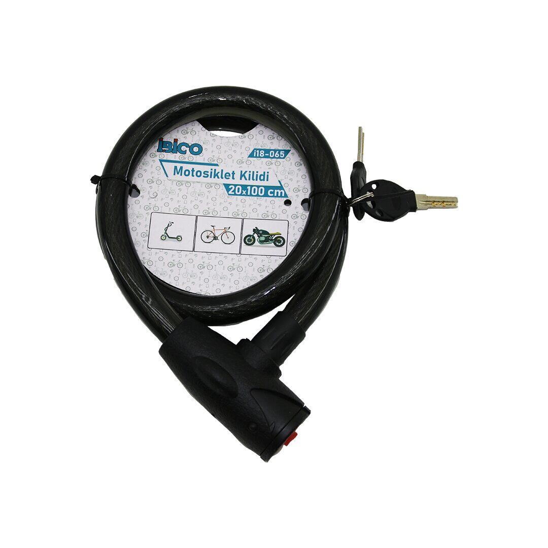 İBİCO İ18-065 ( ANAHTARLI ) ( AÇ-KAPA KİLİT KAPAKLI ) MOTOR & BİSİKLET KİLİT ( ÇELİK TEL ) ( SİYAH ŞEFFAF KILIF ) ( 20MMX100CM)*50